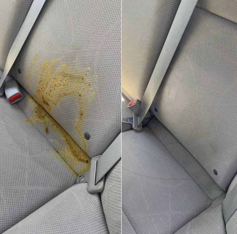 Removing the stain from spilt food on a cloth seat with shampooing and extraction