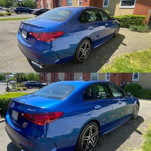 exterior detail on a blue Mercedes Benz sedan enhancing the glossy shine and finish