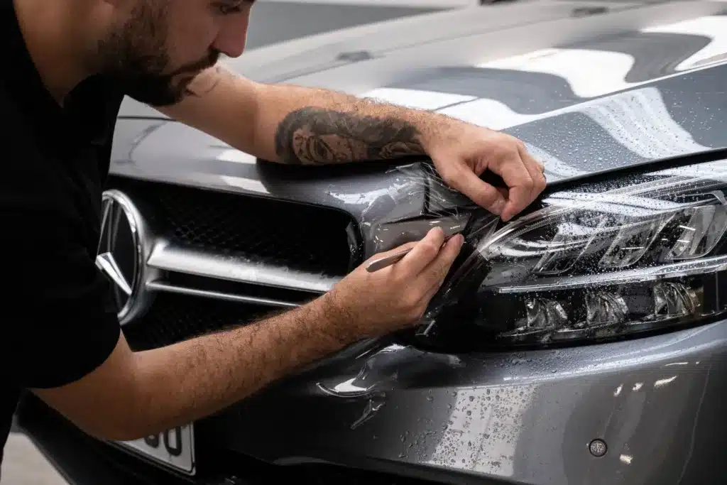 photo of a man detailing a car and applying protection film to a headlight