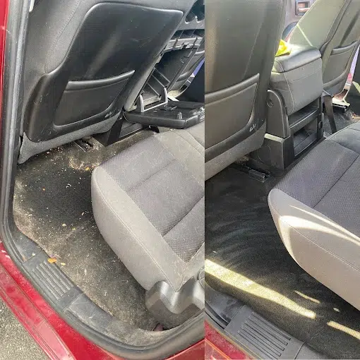 deep cleaning the back seat of a car with steam cleaning and shampooing