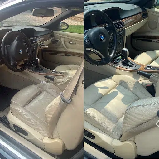 steam cleaning the leather seats and panels in a car removing the built up cigarette residue