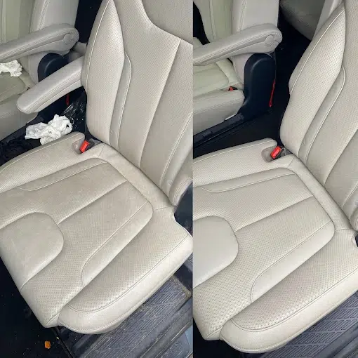 deep cleaning leather seats with leather cleaning chemicals and steam cleaning