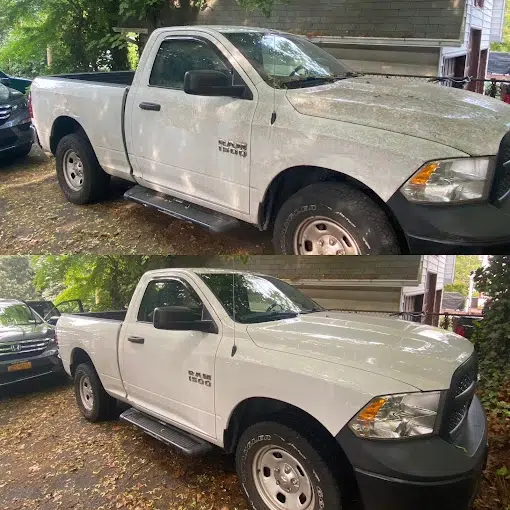 The before and after of cleaning a white truck that had severe dirt stains all over it