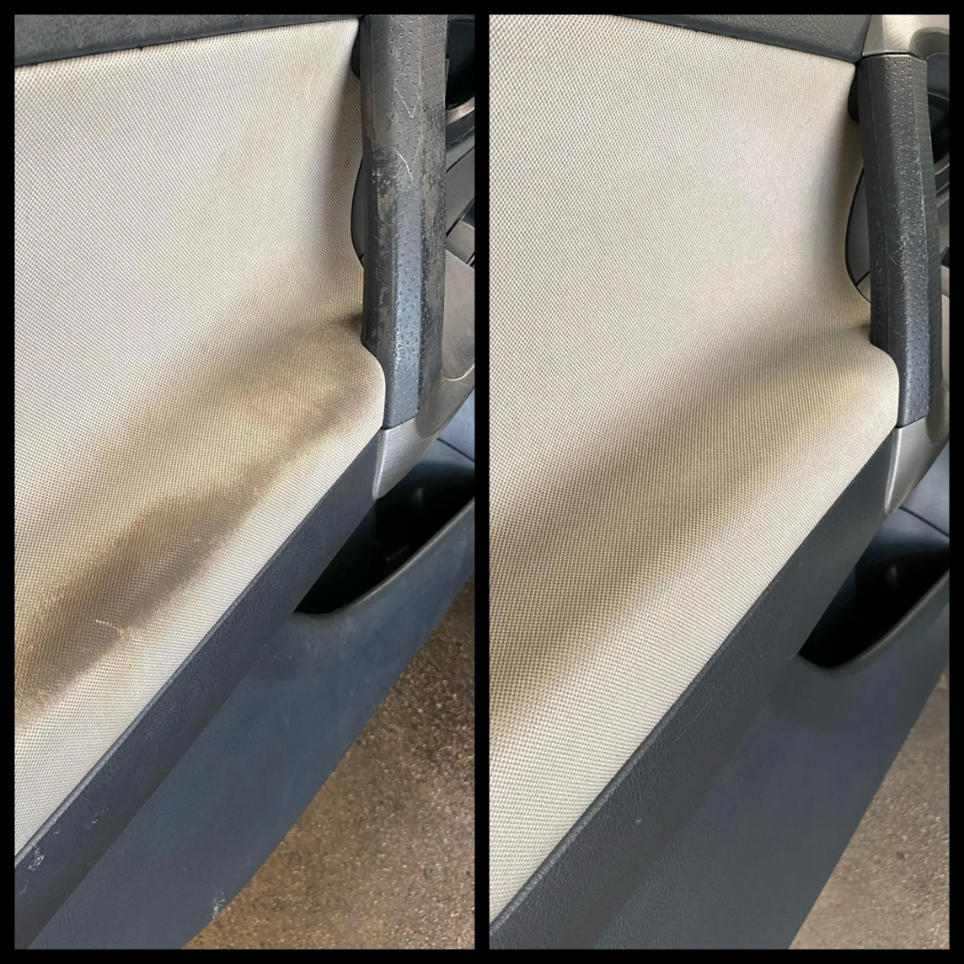 before and after of a dirty car cloth door handle shampooed