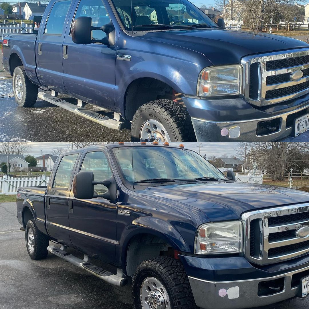 before and after of a polish job making the blue paint shine