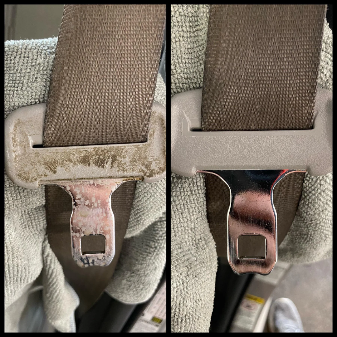 before and after of steam cleaning a car seatbelt