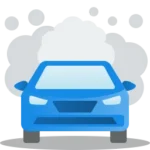 Blue car in a cartoon graphic with a few clouds behind it